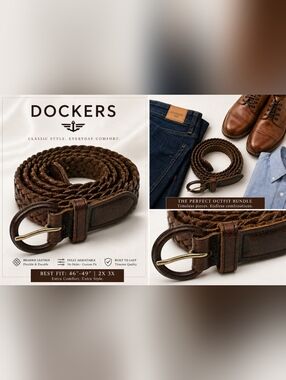 Dockers Braided Leather Belt Mens Size 2X 3X Brown Woven Adjustable Classic